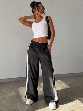 Fashion Nova Black Lace Side Stripe Wide Leg Track Pants Y2K Coquette M